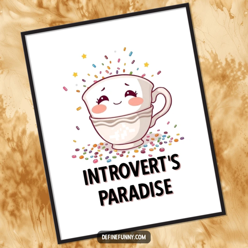 Funny digital art print of a shy teacup character with rosy cheeks hiding from falling confetti, a humorous and instant introvert gift.