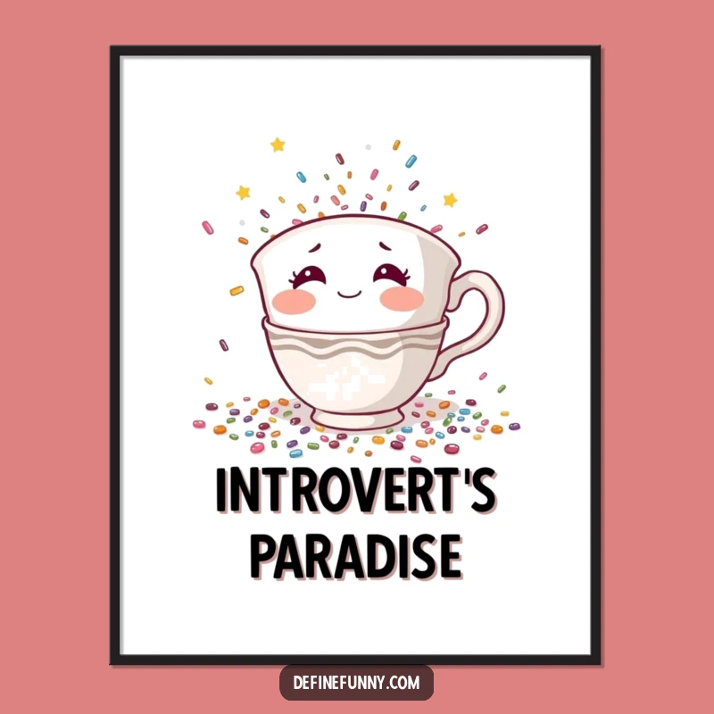 Funny Teacup Hiding Digital Art: Shy Confetti Panic Print, Hilarious Instant Gift