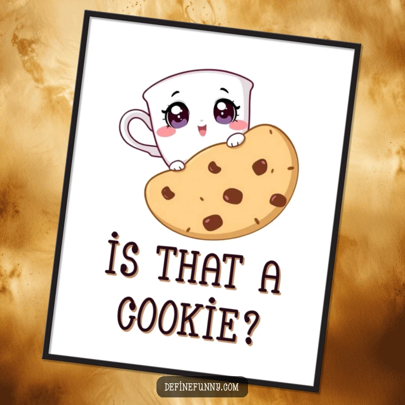 Funny digital art print of a teacup character surprised by a giant cookie, a humorous and downloadable design for instant decor.