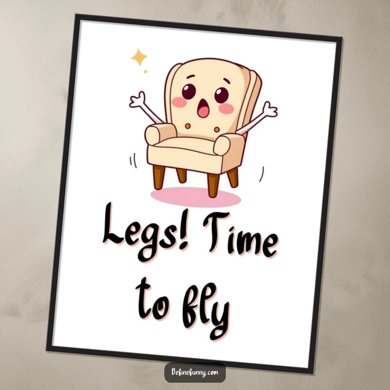 Funny digital art print of a chair with legs running away, capturing a moment of humorous panic and escape.