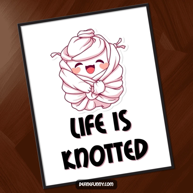 Funny Digital Art Print: Giggling pile of laundry character comically tied in knots, a humorous piece representing the tangled and absurd nature of chores.