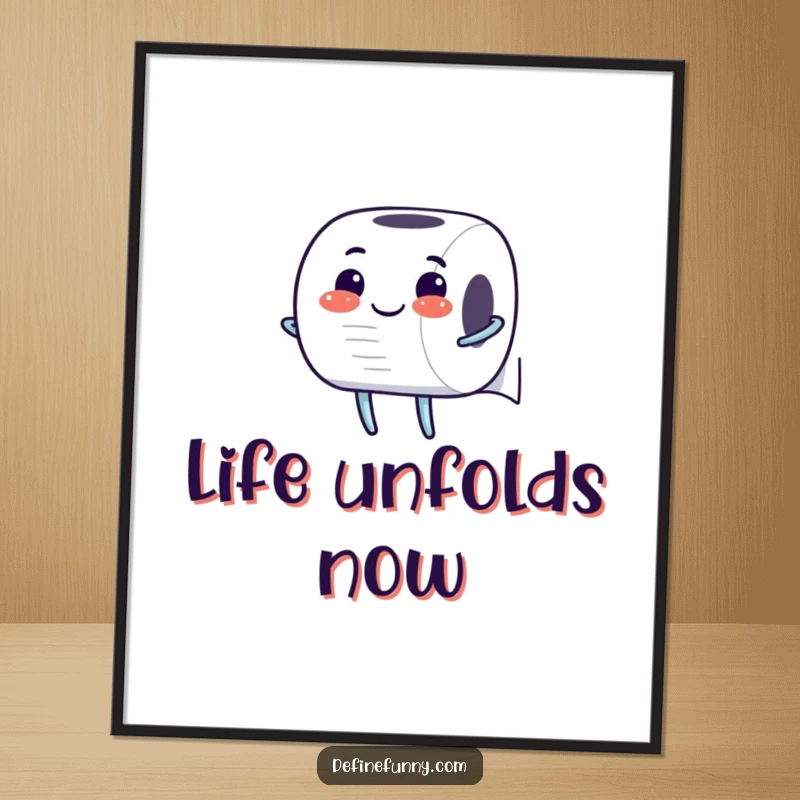 Funny Digital Art Print: Cheerful toilet paper roll character unrolling itself with glee, a humorous piece celebrating everyday necessities and joy.