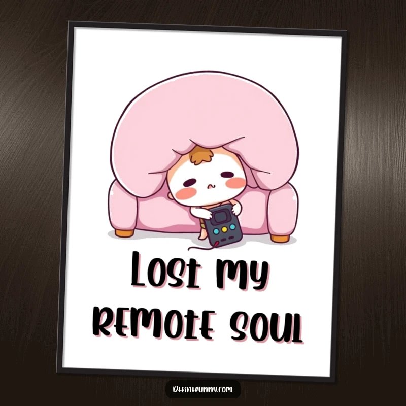 Funny digital art print of a blushing remote control character frantically searching under a giant sofa cushion, symbolizing a humorous search.