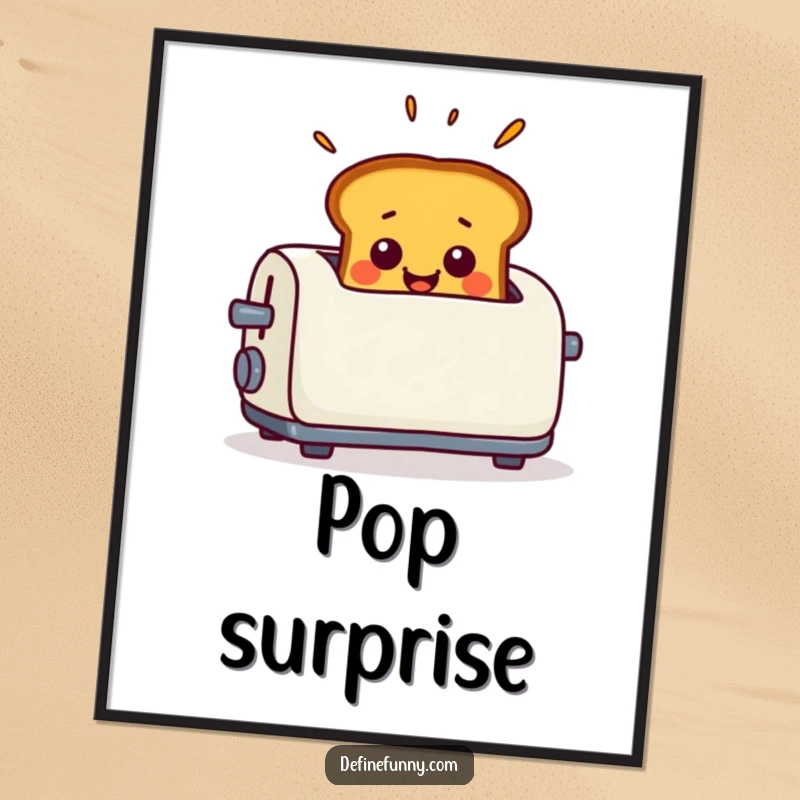 Funny Digital Art Print of smiling toast popping out of a toaster with exaggerated surprise, perfect for cheerful decor.