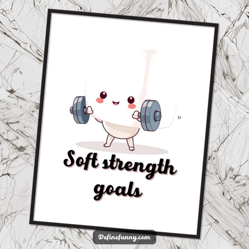 Funny Kawaii dumbbell character straining to lift a giant marshmallow, as a humorous digital art print. Funny wall decor.