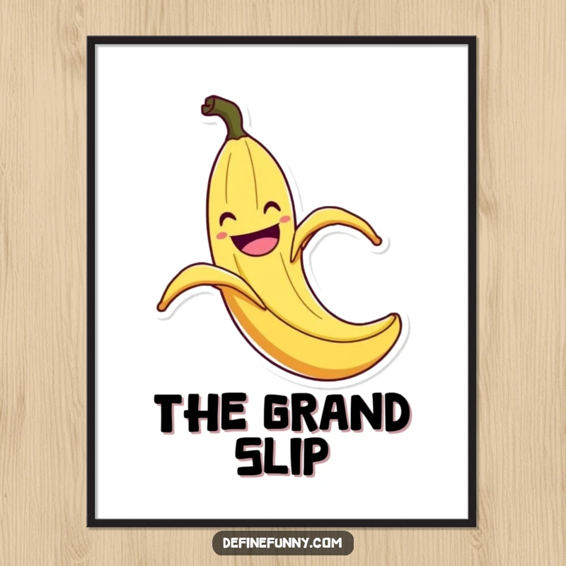 Funny Banana Peel Slip Digital Art Print: High-resolution download of a grinning banana peel comically slipping with exaggerated flair, a funny digital decoration.