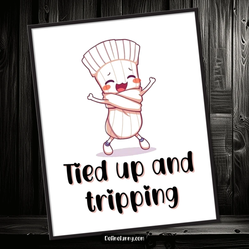 Funny digital art print of a clumsy sock character tied in a knot, comically tripping, symbolizing a humorous mishap.