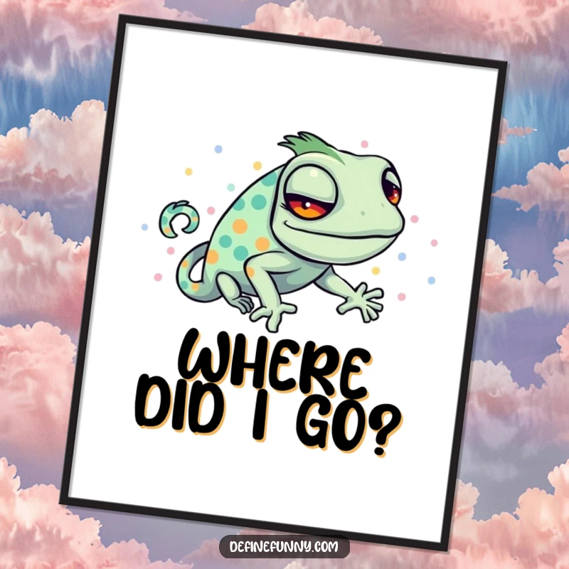Funny digital art print of a sly chameleon hilariously trying to blend with a bright, polka-dotted pattern.