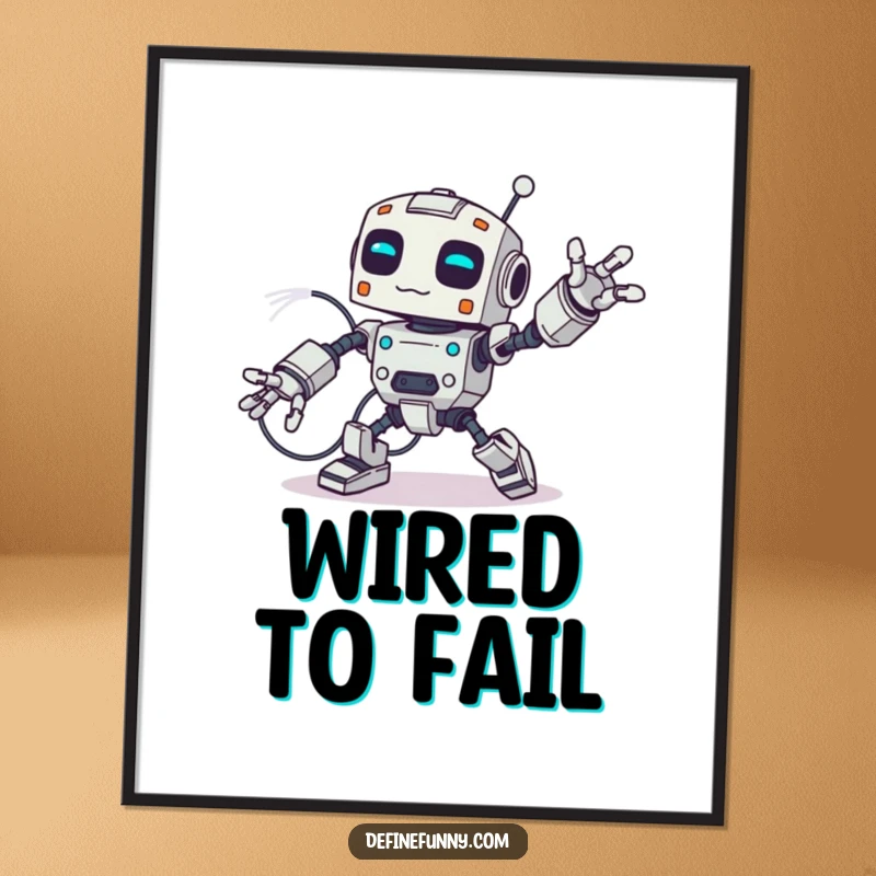 Funny digital art print of a robot hilariously tripping over its own wires, arms flailing, perfect for humorous home decor.