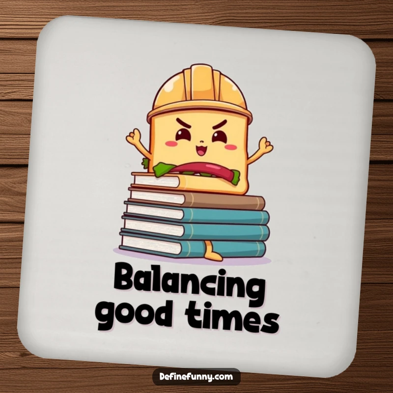 Funny Sandwich Hard Hat Coaster: A determined sandwich in a hard hat balances wobbly books, a stylish and funny protector.