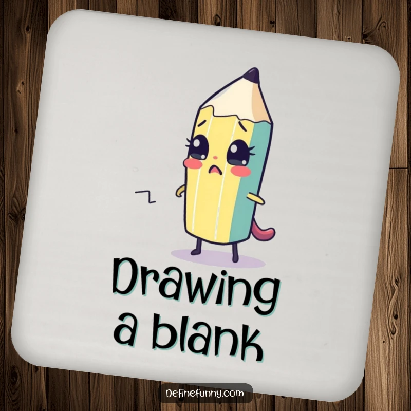 Funny drink coaster showing a cute pencil character drawing its escape route. Functional and amusing.