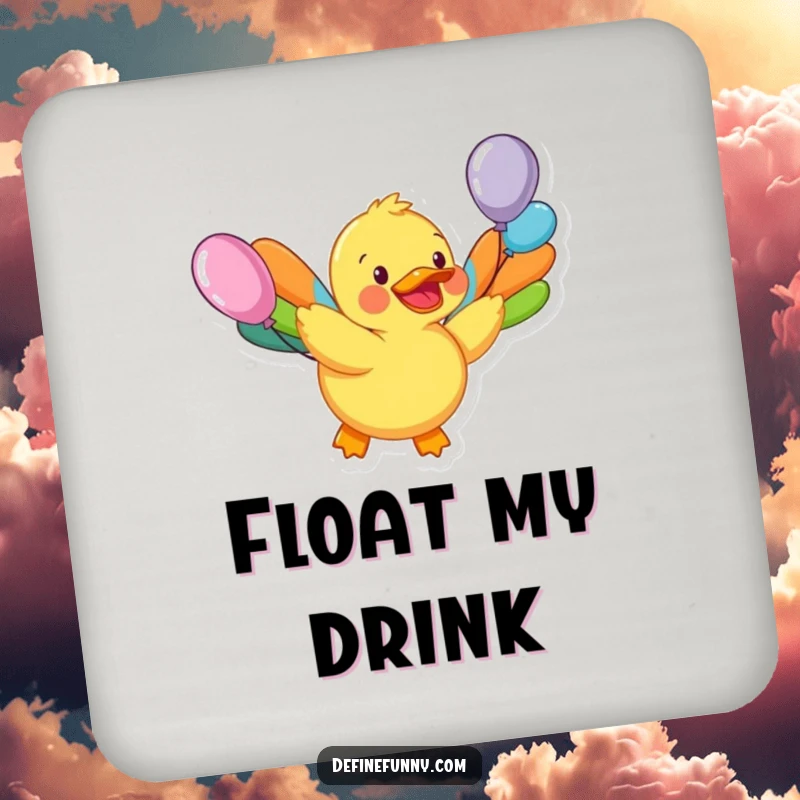 Funny drink coaster with a happy rubber duck character with balloon wings attempting flight, a humorous accessory for tables.