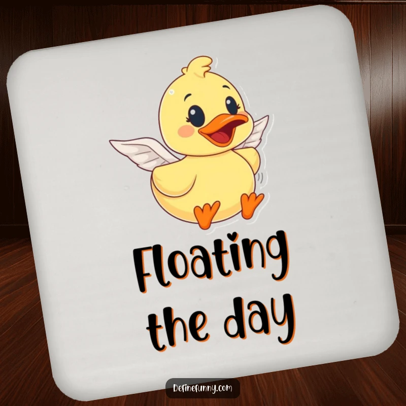 Funny rubber duck character with tiny paper wings, dreaming of flight, printed on a protective drink coaster, a cute funny gift.