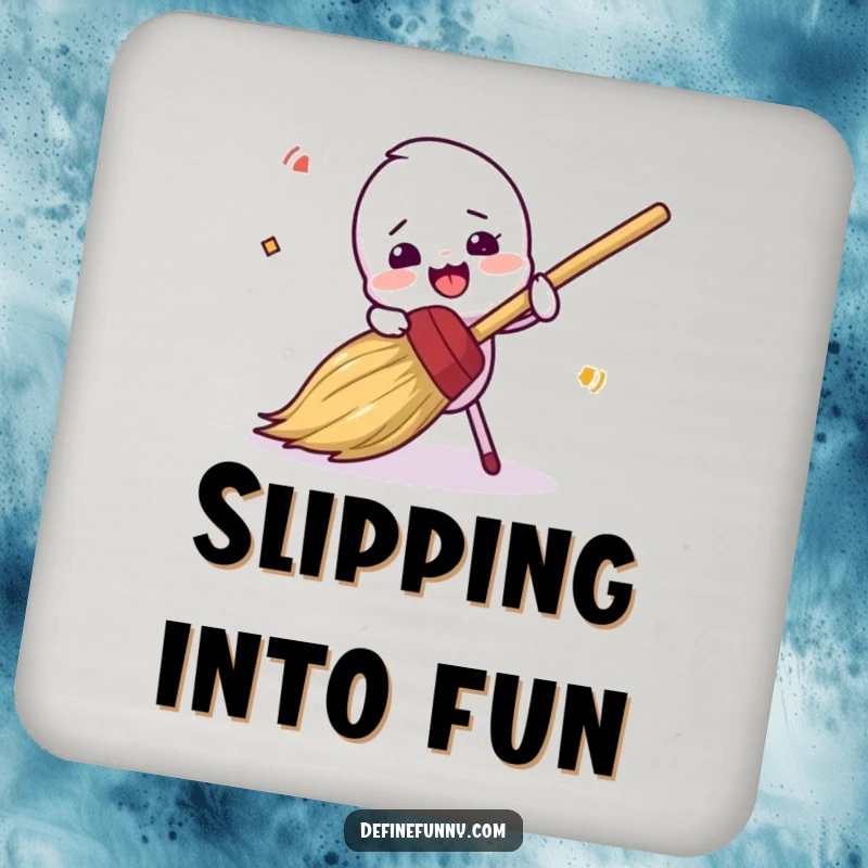 Funny, clumsy broom character tripping, on a protective drink coaster, a cute funny gift.