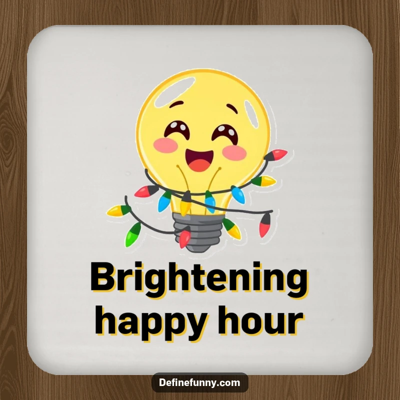 Funny, delighted lightbulb character with festive lights, on a protective drink coaster, a cute funny gift.