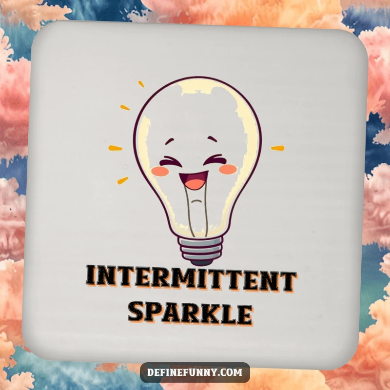 Funny drink coaster showing a mischievous lightbulb character with a grin, flickering erratically, a humorous addition to protect surfaces.