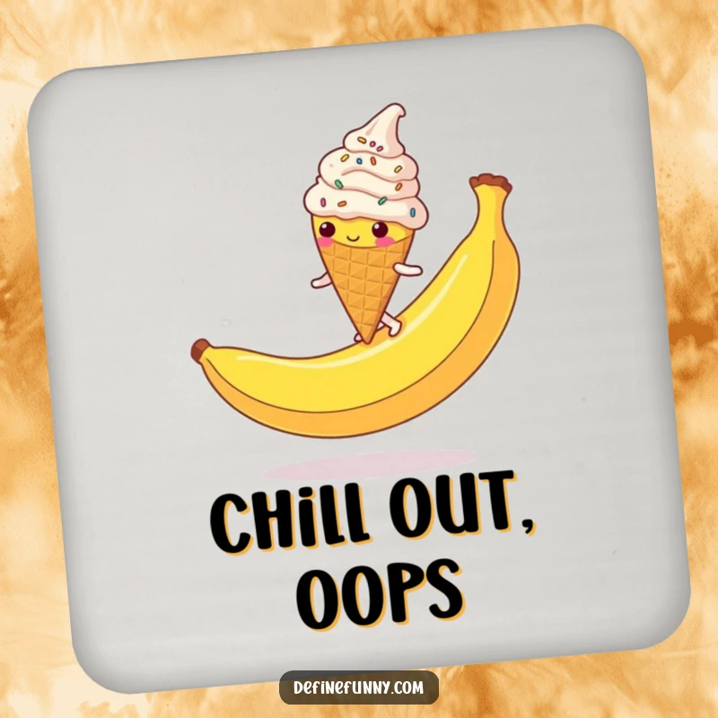 Funny Ice Cream Cone Coaster: A clumsy, sprinkle-covered character slipping on a banana peel, protecting surfaces with humor.