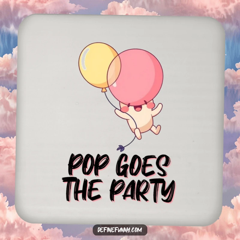 Funny Kawaii balloon character comically popping itself while trying to fly, depicted on a protective drink coaster. A humorous accessory.