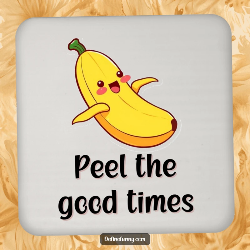 Funny Kawaii banana character with an ecstatic expression, sliding down its peel, a durable and humorous drink coaster.