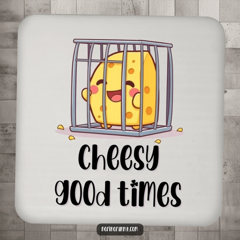 Funny Kawaii cheese character, joyfully breaking free from a tiny cage, depicted on a drink coaster for humorous protection.
