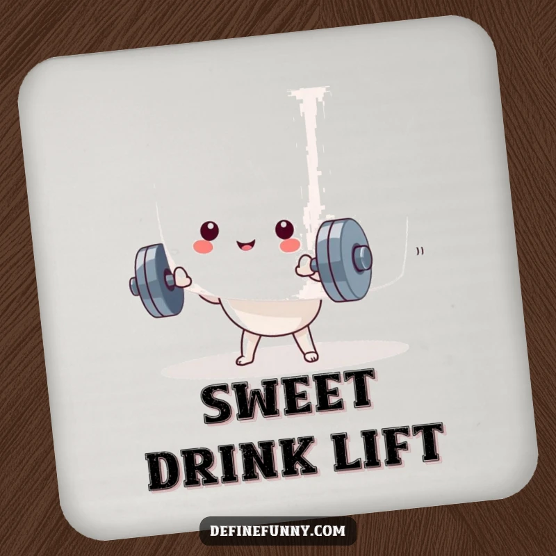 Funny Kawaii dumbbell character attempting to lift a huge marshmallow on a protective drink coaster. A humorous accessory.