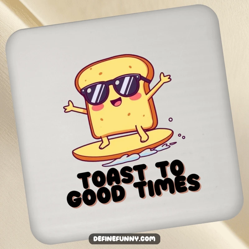 Funny Kawaii toast character in sunglasses surfing a giant crumb, depicted on a drink coaster, offering protection with a humorous visual.