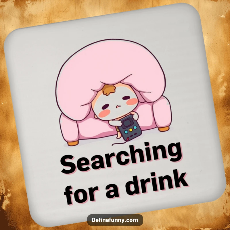 Funny drink coaster showing a blushing remote control character frantically searching under a giant sofa cushion, a humorous addition to protect surfaces.