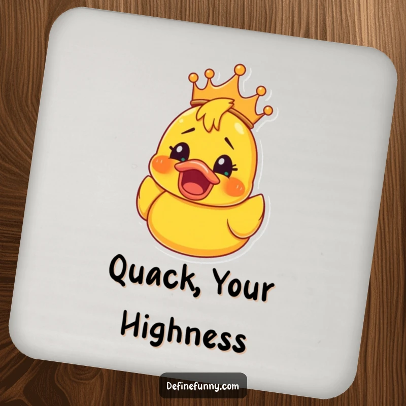 Funny Rubber Ducky Crown Coaster: Decorative coaster with a rubber ducky in a crown, its face showing shocked happiness, a funny touch for any surface.