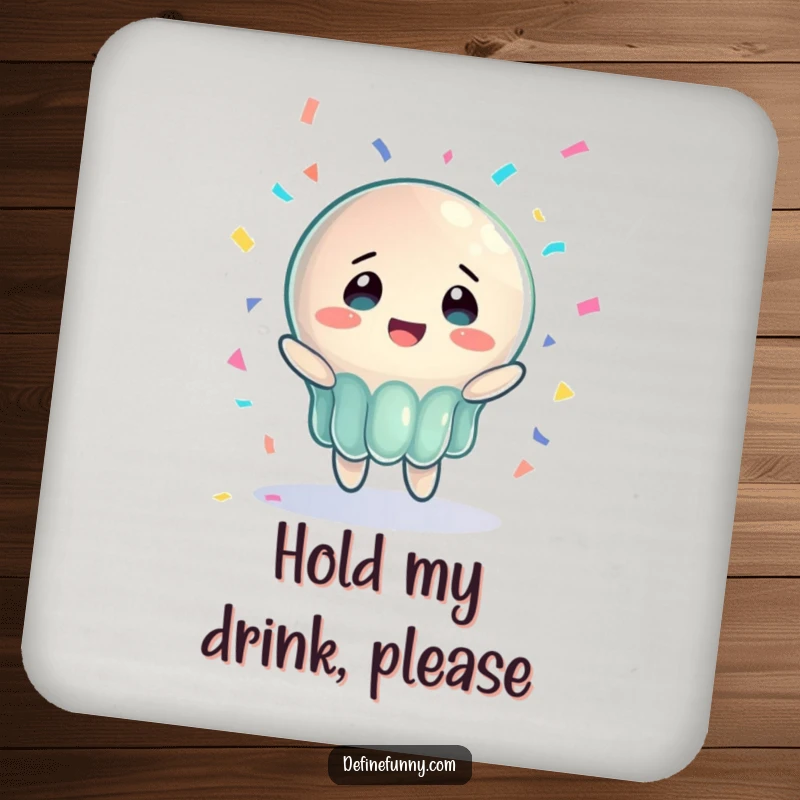Funny coaster showing a jelly character in bewildered joy, trying to catch a falling piano, a small but humorous gift.