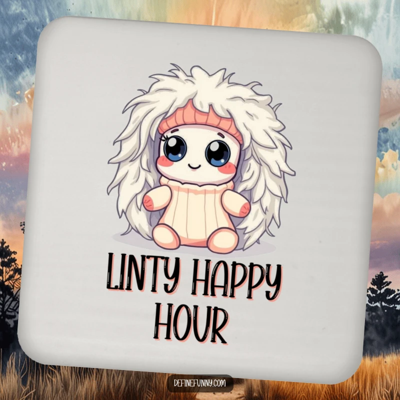 Funny Kawaii sock character with googly eyes, hilariously trapped in a dryer lint monster, depicted on a drink coaster.