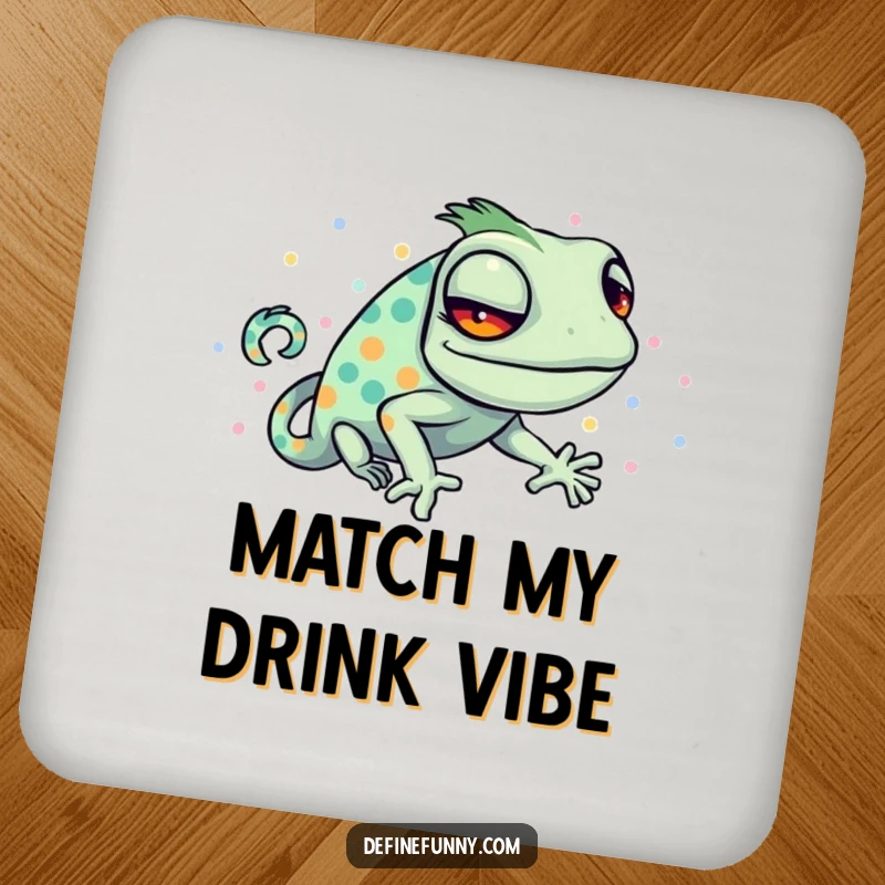 Funny coaster featuring a sly chameleon hilariously trying to blend with a bright, polka-dotted pattern.