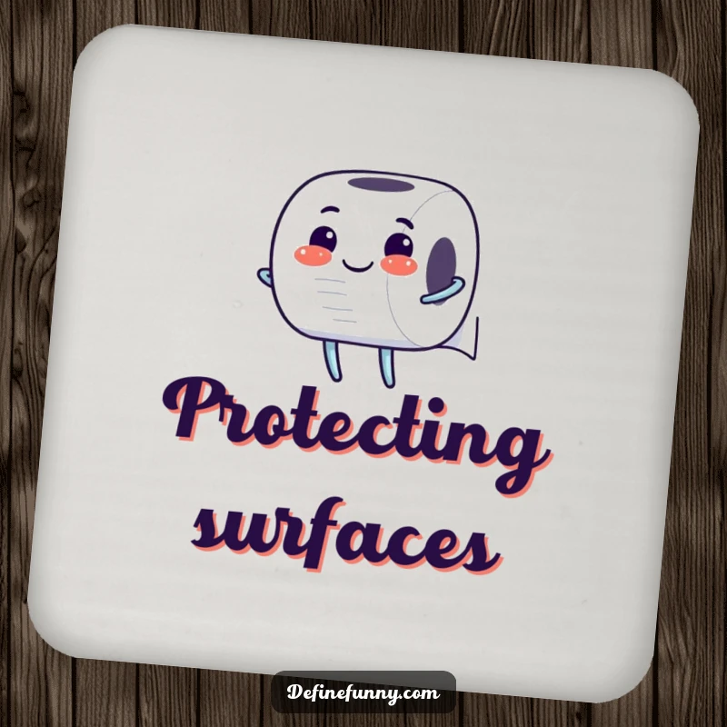 Funny Drink Coaster: Cheerful toilet paper roll character unrolling itself with glee, humorously protecting surfaces with a touch of everyday joy.