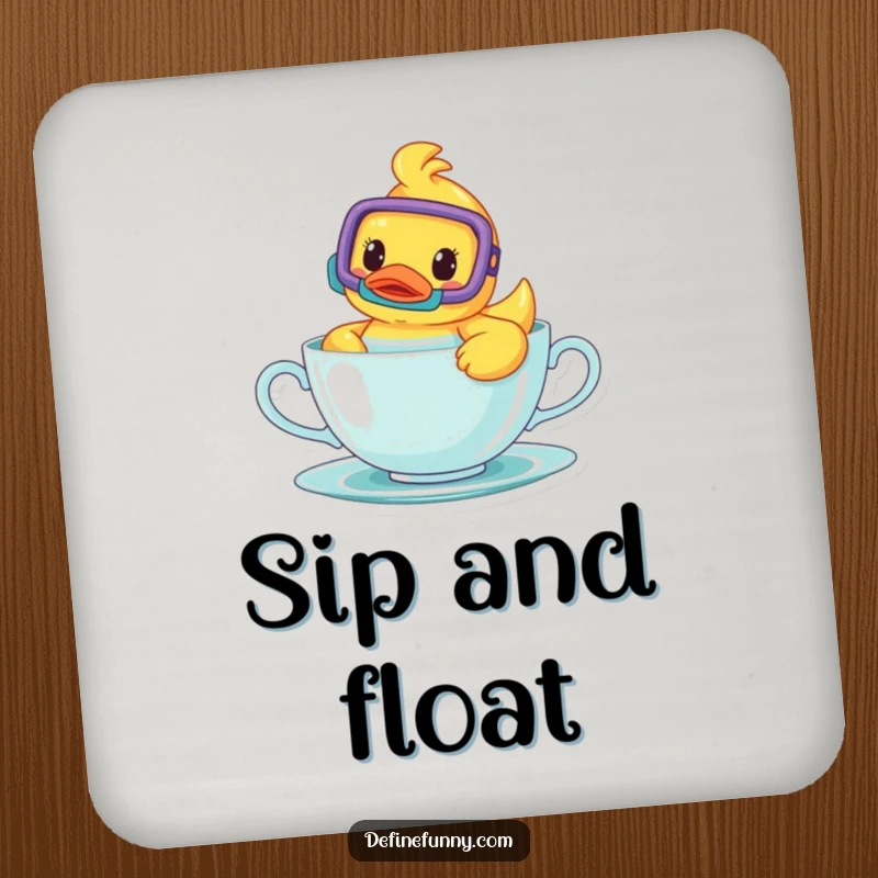 Funny drink coaster showing a cheerful rubber ducky with snorkel, swimming in a teacup, a humorous addition to any table.