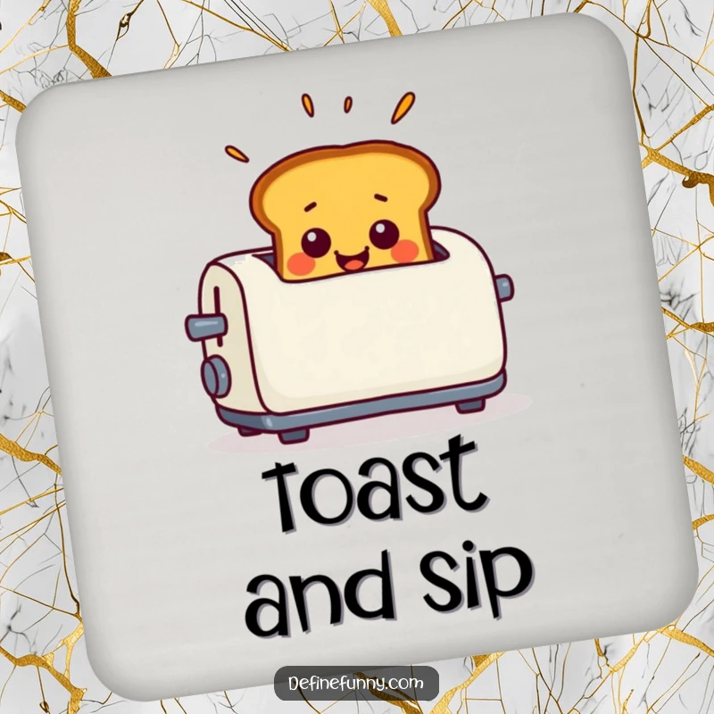 Funny Drink Coaster featuring smiling toast popping out of a toaster with exaggerated surprise, protecting surfaces with humor.