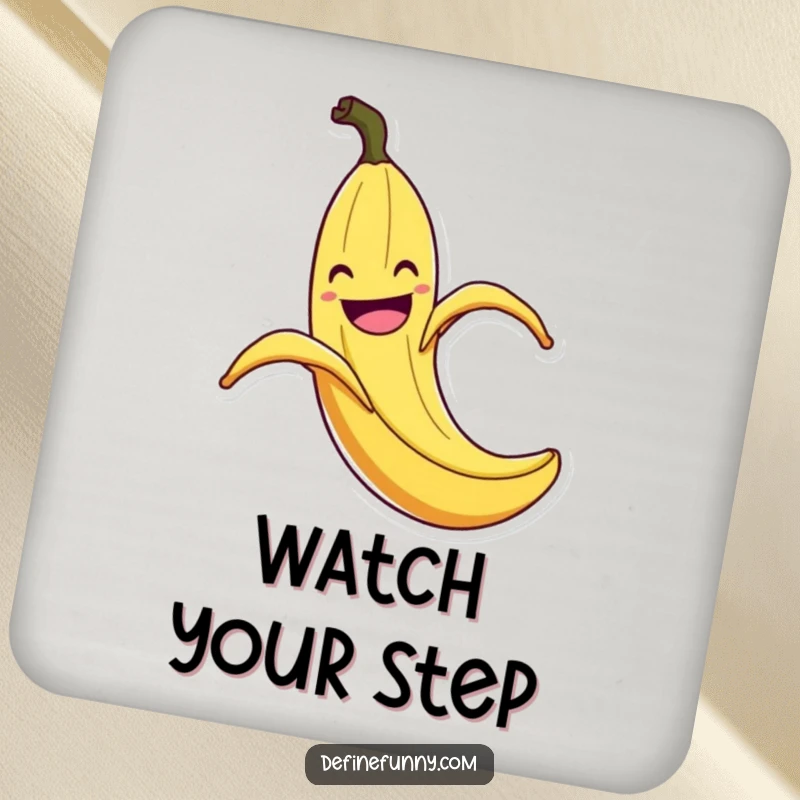 Funny Banana Peel Slip Coaster: Decorative coaster with a grinning banana peel comically slipping with exaggerated flair, a funny touch for any surface.