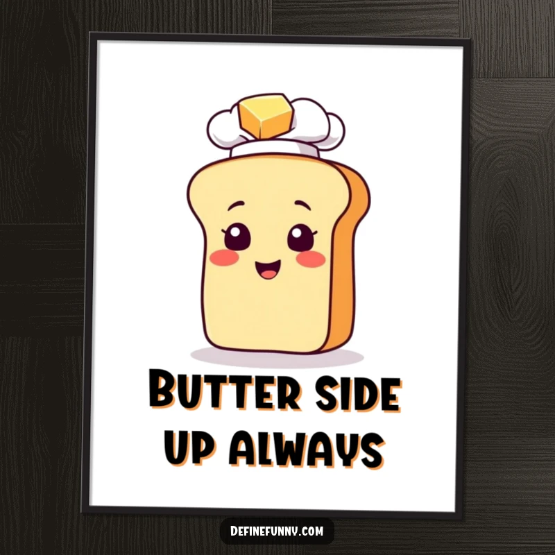 Funny poster showing a bread loaf chef character comically slipping on a pat of butter, ideal for humorous kitchen decor.