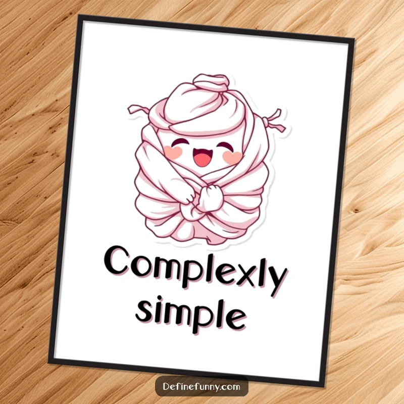 Funny Poster: Giggling pile of laundry character comically tied in knots, creating humorous wall art that speaks to the relatable struggle of chores.