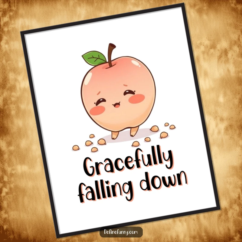 Funny shy apple character, blushing, tripping, scattering seeds, humorous wall art, cute and funny, perfect gift.