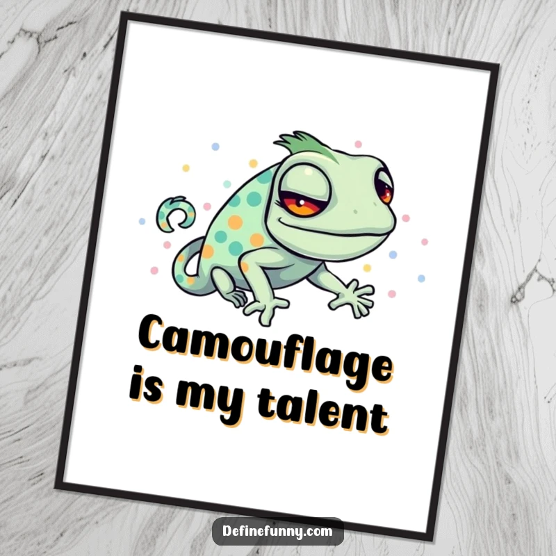 Funny poster of a sly chameleon hilariously trying to blend with a bright, polka-dotted pattern.