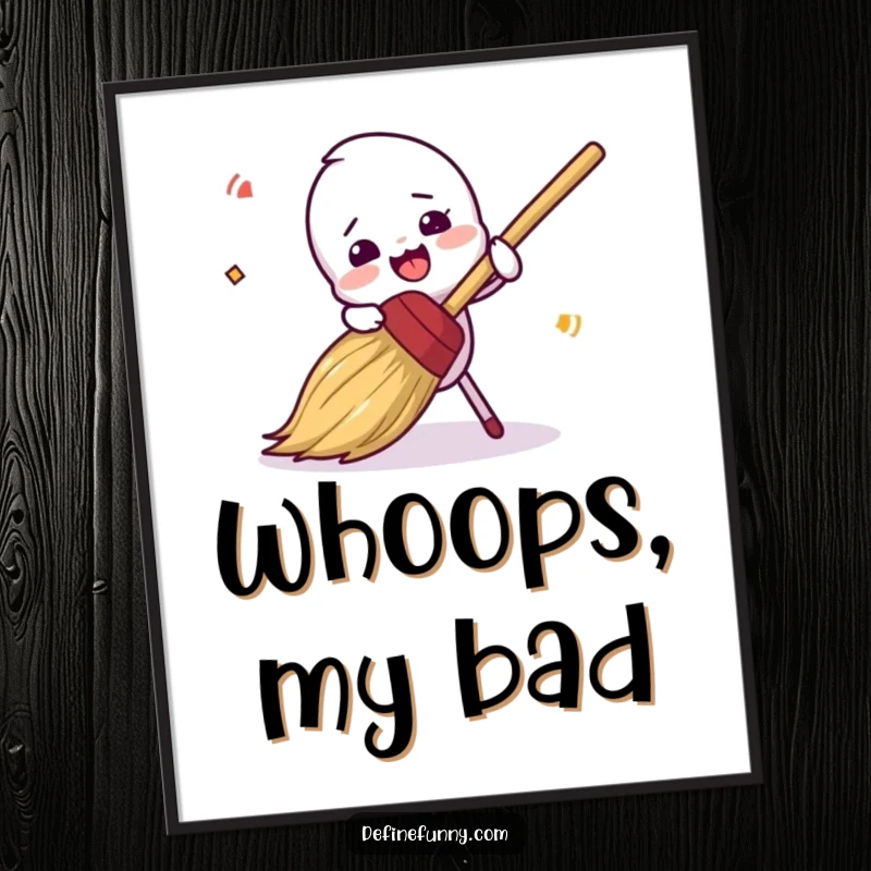 Funny, clumsy broom character comically falling, on a vibrant poster, a perfect funny gift for walls.