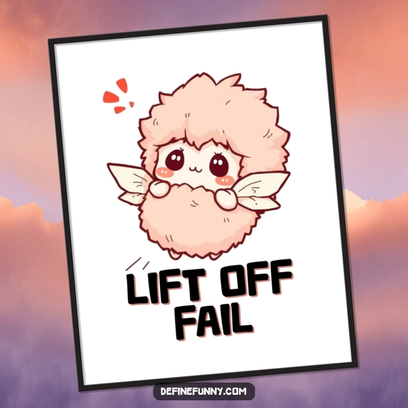 Funny bewildered fluffy slipper character with tiny paper wings attempting to fly, humorous wall art.