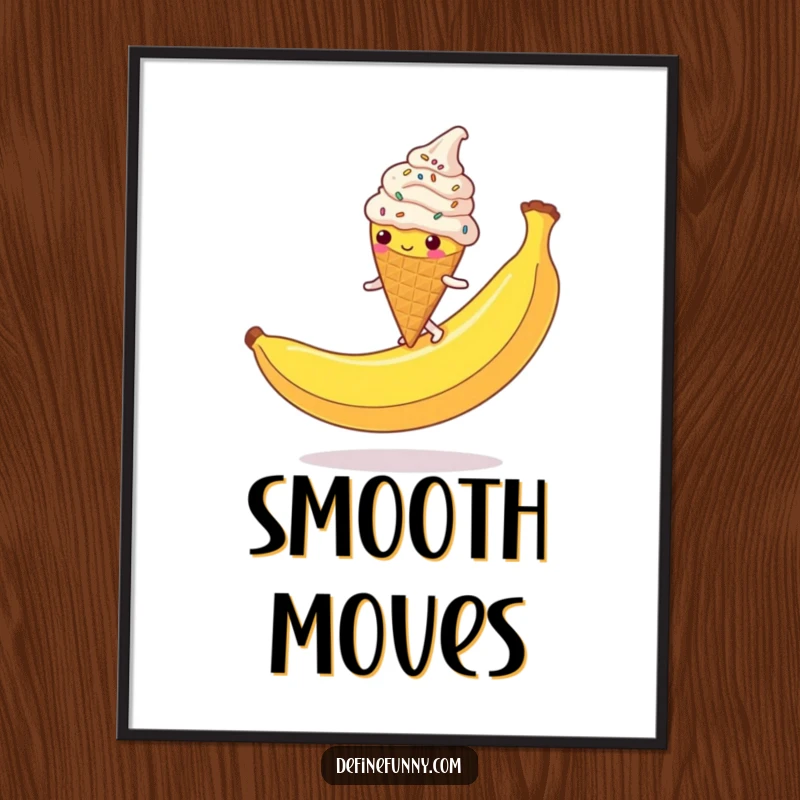 Funny Ice Cream Cone Poster: A sprinkle-covered character hilariously slipping on a giant banana peel, a vibrant and funny wall art.
