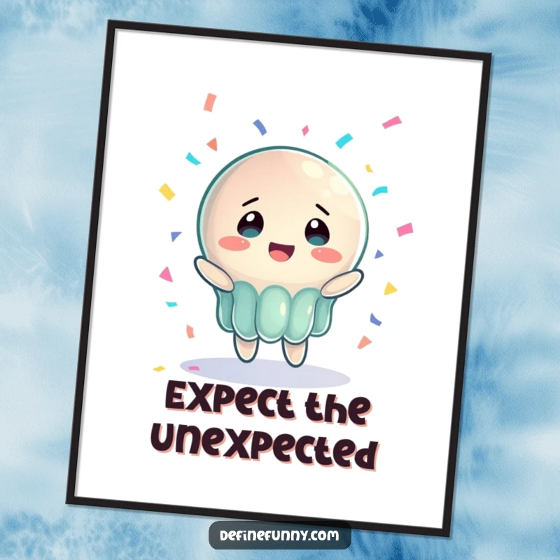 Funny poster showing a jelly character in bewildered joy, hilariously failing to catch a falling piano, a perfect humorous gift.