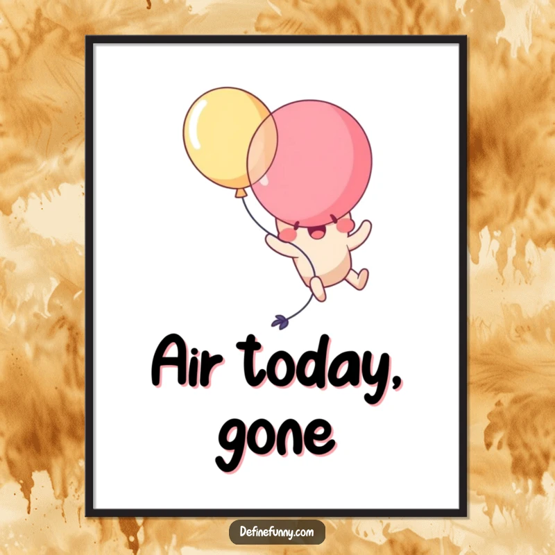 Funny Kawawai balloon character comically popping itself while attempting flight, rendered as a vibrant, humorous wall art poster.
