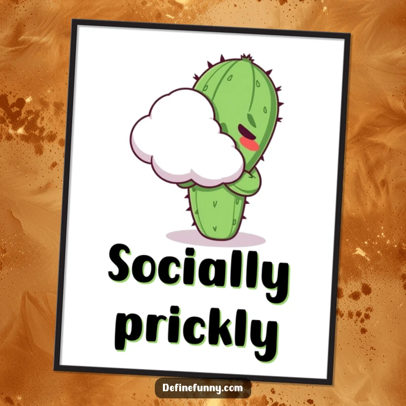 Funny Kawaii cactus character, looking uncomfortable while attempting to hug a fluffy cloud, presented as vibrant wall art.