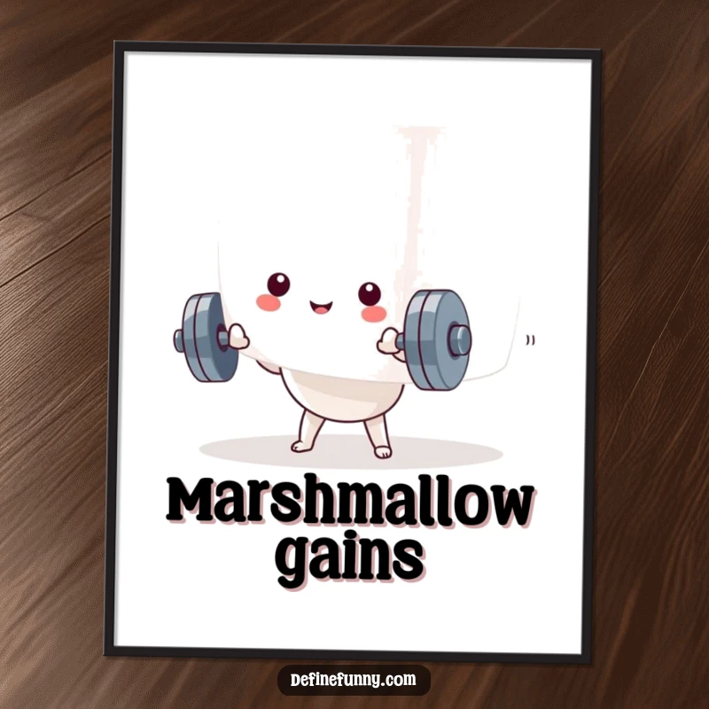 Funny Kawaii dumbbell character straining against a giant marshmallow, framed as a humorous poster. Funny wall art.