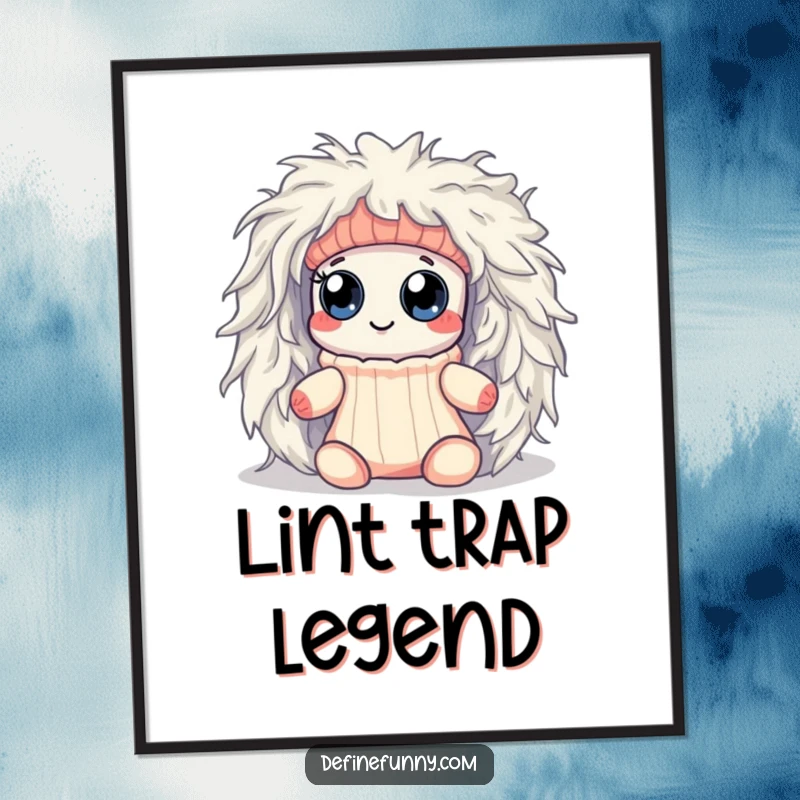 Funny Kawaii sock character with googly eyes, hilariously trapped within a monstrous dryer lint ball, presented as wall art.