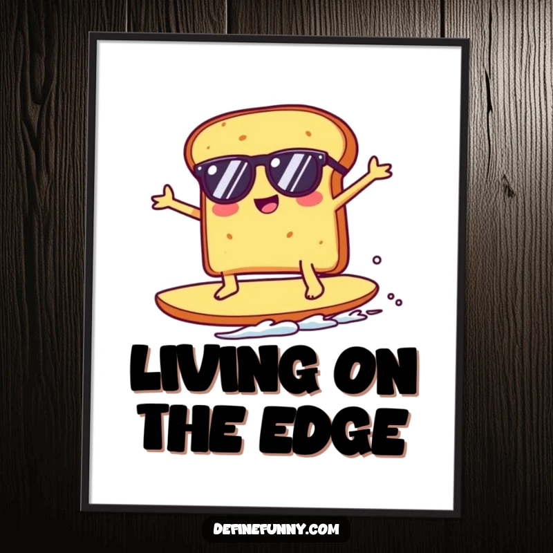 Funny Kawaii toast character in sunglasses surfing a giant crumb, presented as vibrant wall art, capturing pure comedic joy and surf vibes.
