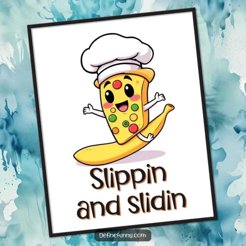 Funny poster print of a chef pizza slice character accidentally slipping on a banana peel, creating a humorous scene.