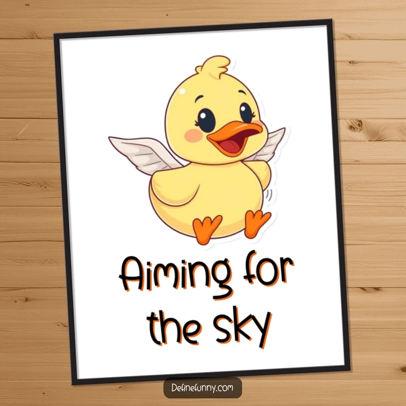 Funny rubber duck character, comically attempting flight using small paper wings, vibrant poster art, perfect funny gift for walls.
